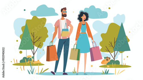 Happiness of Shoppers with Bags: Stylish Man and Woman in Park