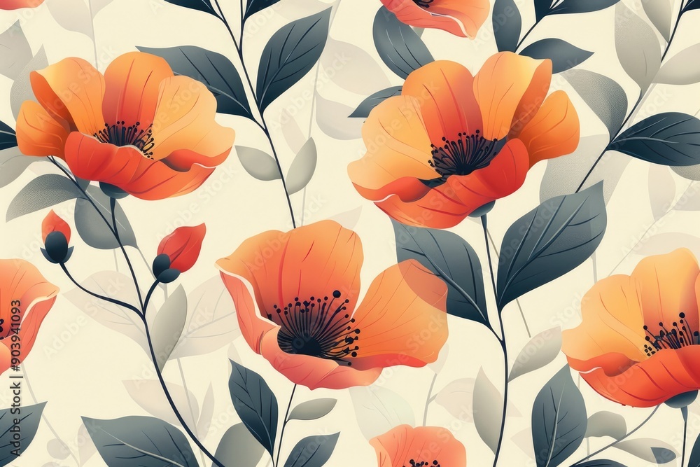 Seamless floral pattern with orange poppies blooming on beige background Seamless floral pattern with orange poppies blooming on beige background
