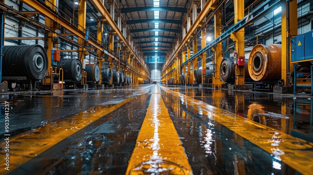 Fototapeta premium Large industrial factory hall with yellow markings on wet, polished floors