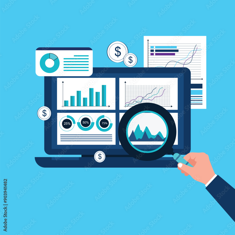 Business analytics graph concept, hand holding magnifying glass Business analytics graph concept, hand holding magnifying glass