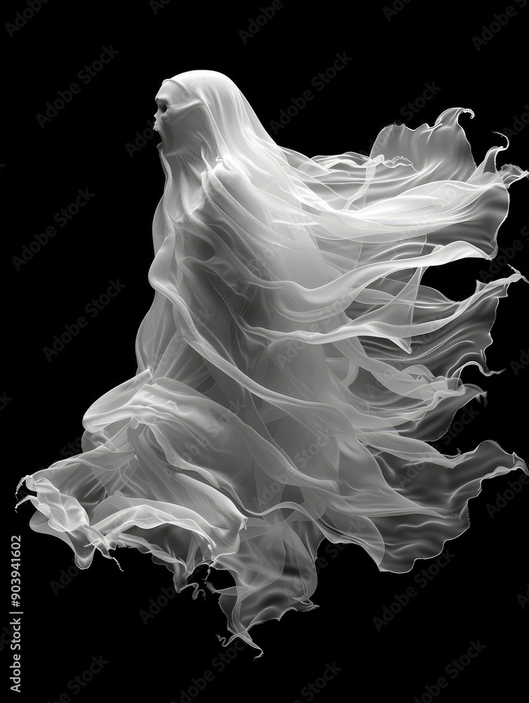 Fototapeta premium White antique ghost is flying on black background