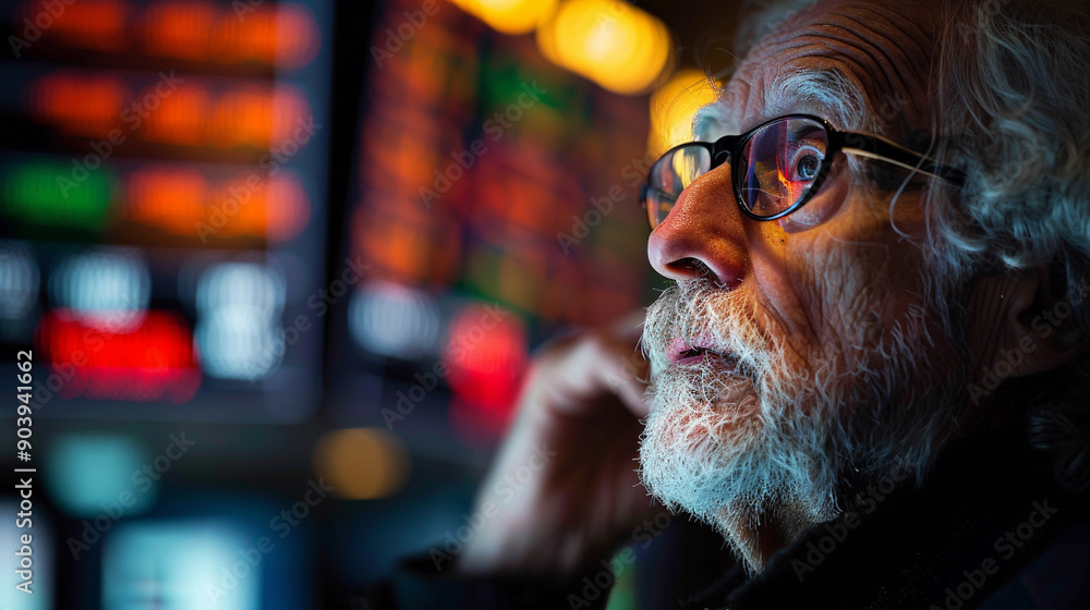 A trader looks tense as he analyses fluctuating stock market charts on several computer screens in a busy trading office. A trader looks tense as he analyses fluctuating stock market charts on several computer screens in a busy trading office.