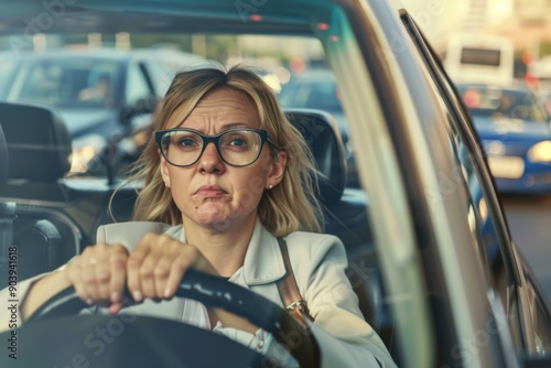 Desperate business woman in a traffic jam arriving late for work