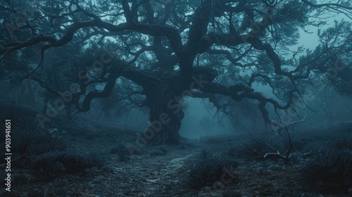 Majestic, twisted tree under a night sky evoking mystery and wonder.