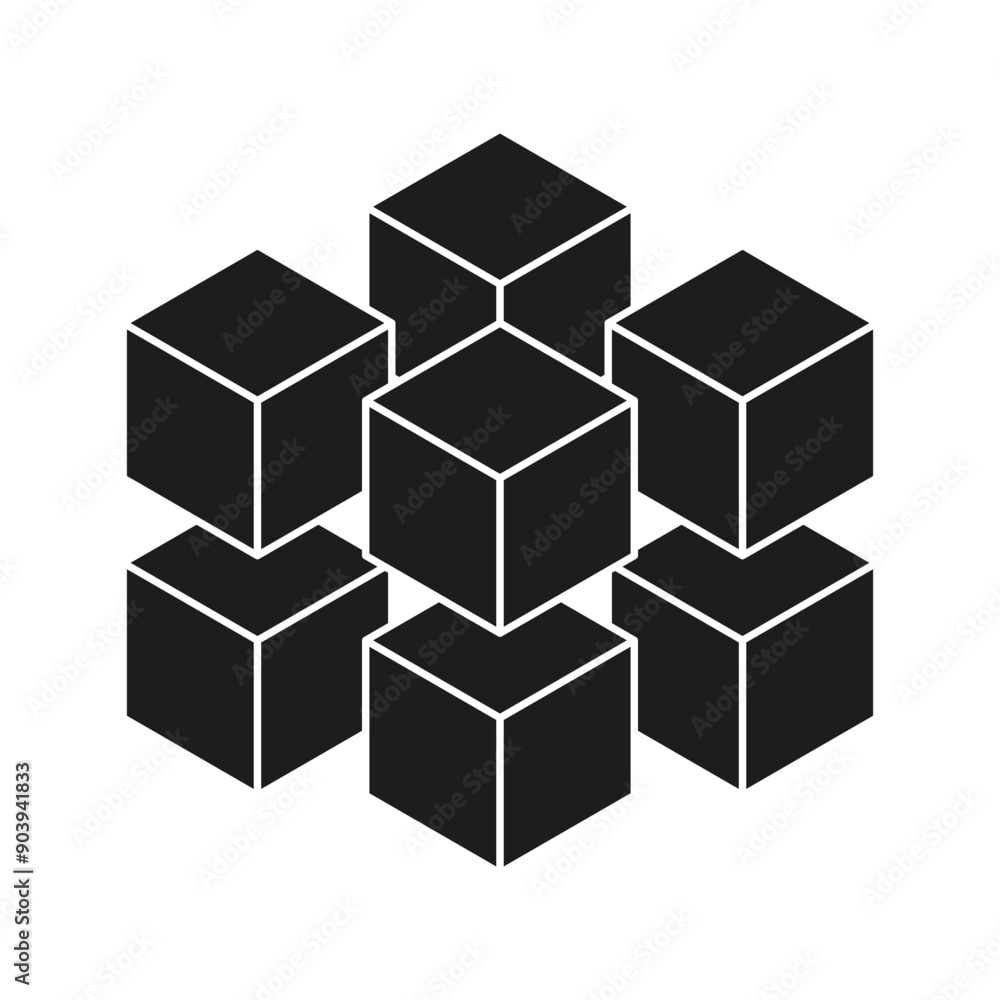 Black cube icons. Geometric vector shapes. Abstract 3D design. Monochrome block illustration. Black cube icons. Geometric vector shapes. Abstract 3D design. Monochrome block illustration.