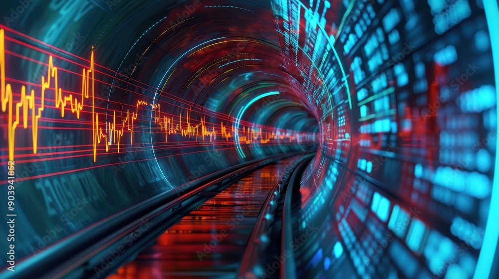 Fototapeta premium Hightech tunnel with financial data, stock market decline, market volatility