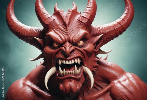 A close-up of a red, horned, monstrous character