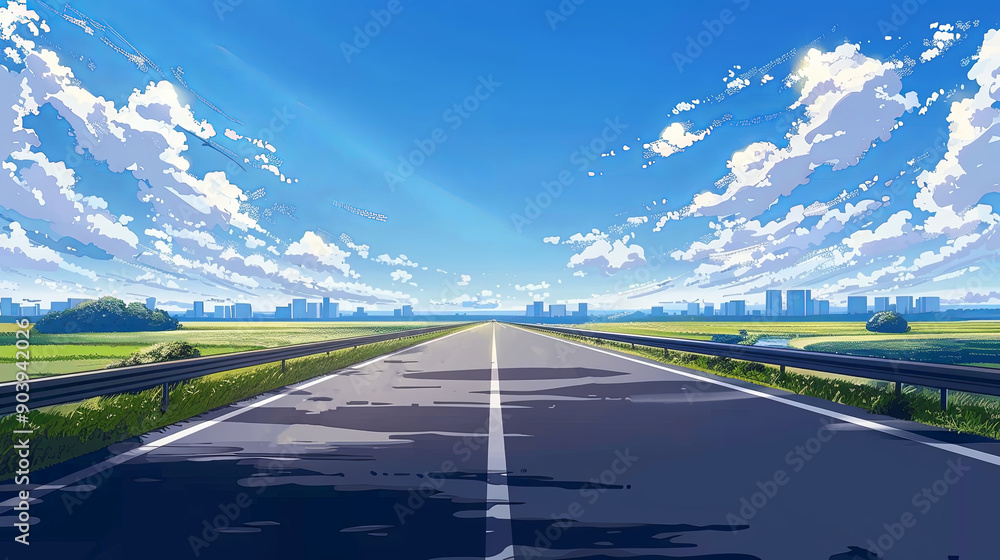 Fototapeta premium Highway in The Netherlands, a flat landscape with meadows