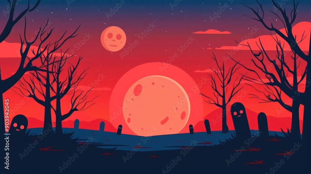 Detailed of a spooky atmospheric Halloween banner featuring a haunting nighttime landscape with bare twisted trees a large full moon and silhouetted figures in the foreground creating an eerie Detailed of a spooky atmospheric Halloween banner featuring a haunting nighttime landscape with bare twisted trees a large full moon and silhouetted figures in the foreground creating an eerie