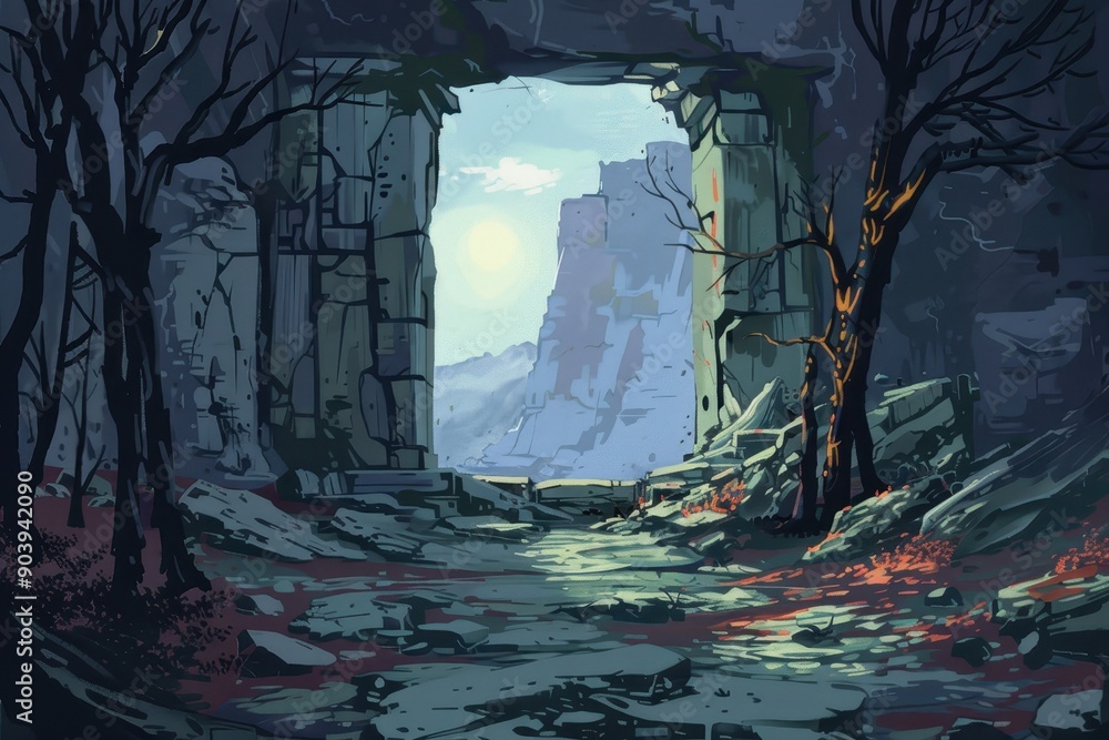 Fototapeta premium Ancient stone ruins in a mystical forest with a bright light in the distance
