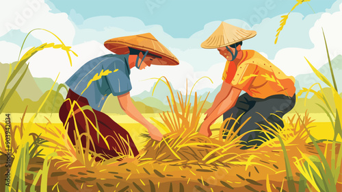 Asian Farmers Harvesting Rice in Ethnical Hats