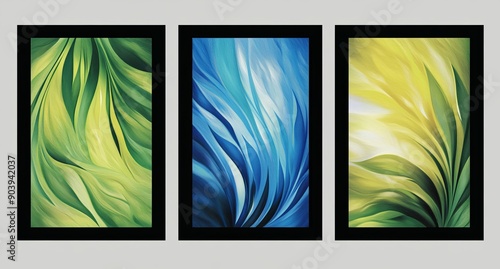An abstract pattern set of three vertical banners in bright colors