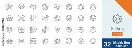 Setting line editable  icon set. wrench, gear icon, spanner, screwdriver and more stroke collection 