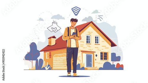 Smart house remote control. Man with smartphone