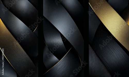 Three posters with a marble background with gold lines