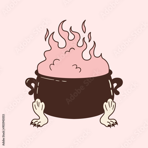 Hand drawn witch cauldron with animal paws. Cooking pot with boiling brew. Halloween magic potion decor. Witchcraft and alchemy element. Vector illustration