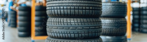 stacked tires in a well-organized storage area, showcasing tread patterns and composition for automotive needs. photo