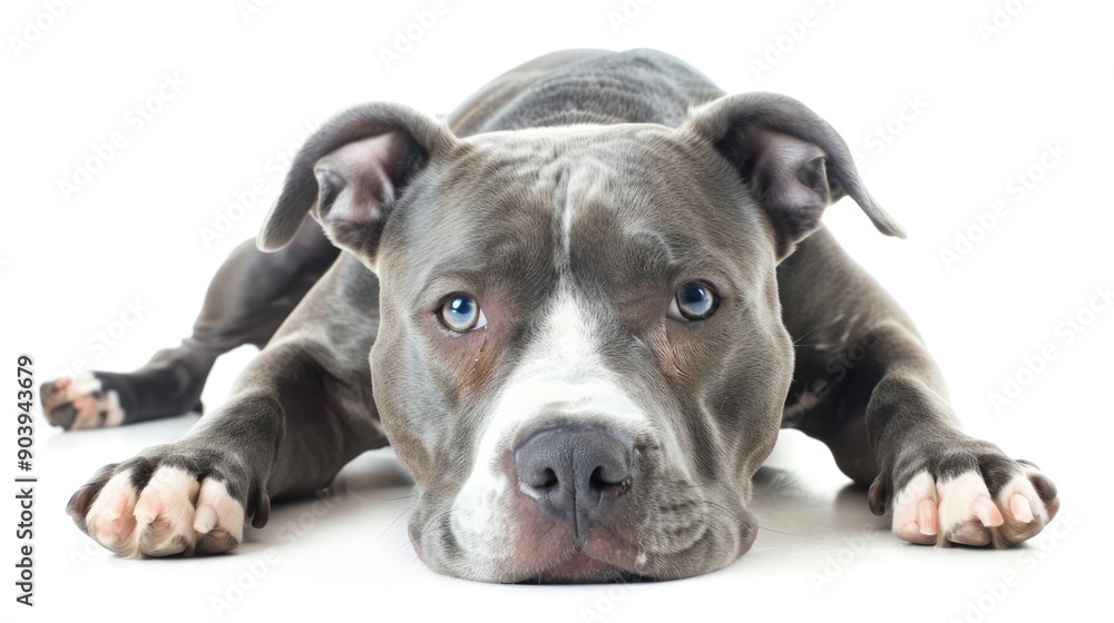 Fototapeta premium blue and white Pit Bull laying over white background