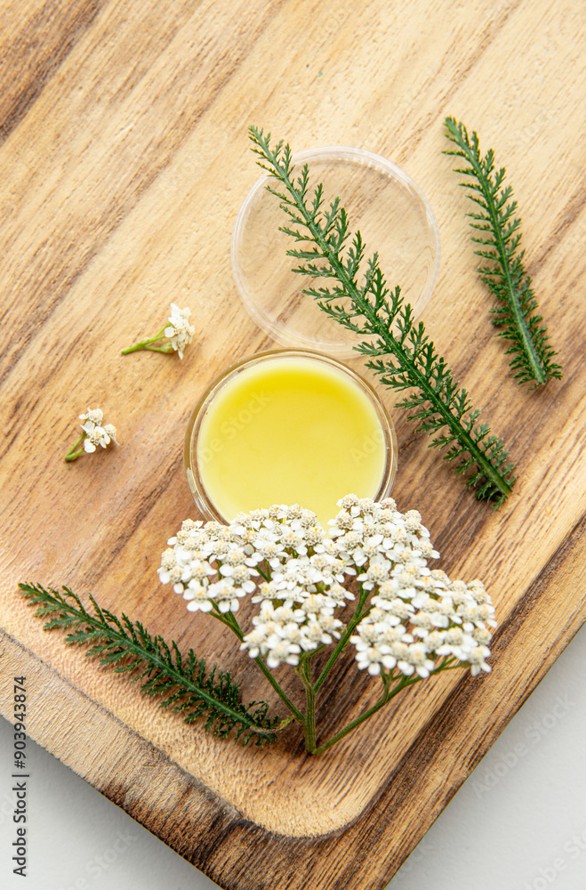 Balm made with Achillea millefolium, yarrow or common yarrow. Jar with medicinal balm on wood background. Fresh flower for decoration. Still life. Balm made with Achillea millefolium, yarrow or common yarrow. Jar with medicinal balm on wood background. Fresh flower for decoration. Still life.