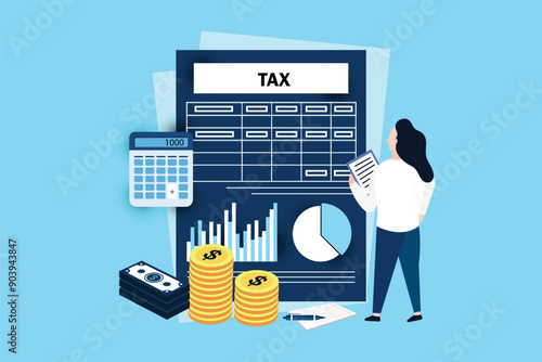 Concept tax payment. Data analysis, paperwork, financial research report and calculation of tax return