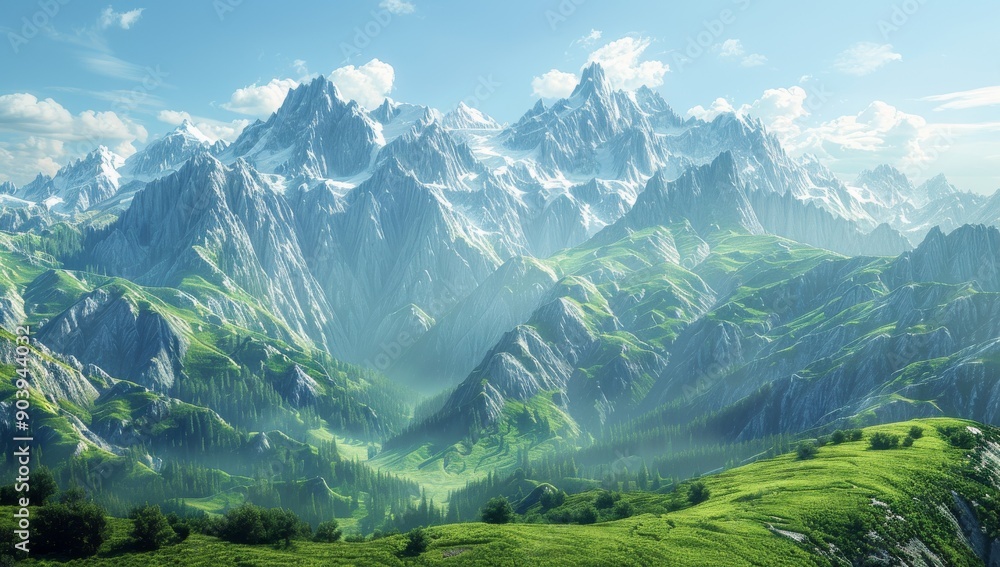 Majestic Mountain Range with Snow-Capped Peaks and Verdant Slopes Majestic Mountain Range with Snow-Capped Peaks and Verdant Slopes