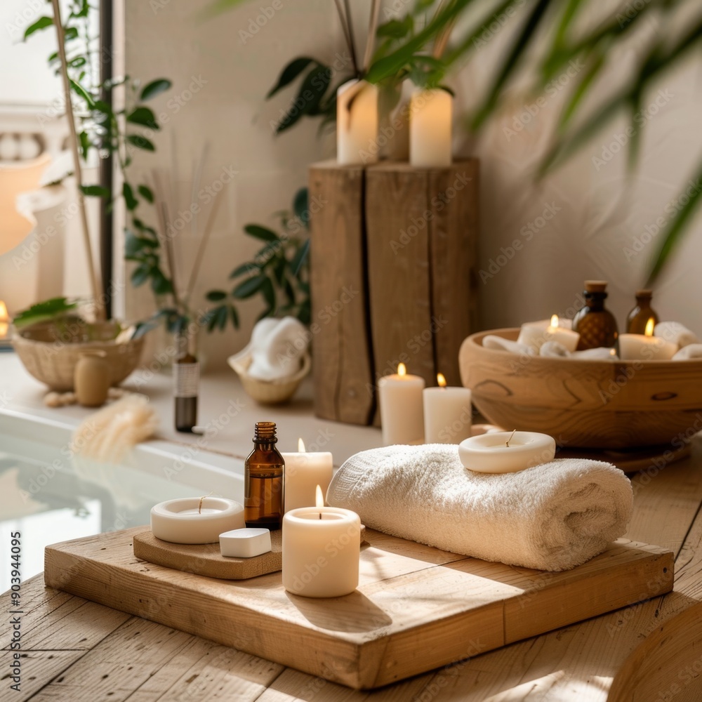 A high-quality image of a calm spa setting with candles, essential oils, and soft lighting. Ideal for promoting wellness, relaxation, and spa services. AI generated image. A high-quality image of a calm spa setting with candles, essential oils, and soft lighting. Ideal for promoting wellness, relaxation, and spa services. AI generated image.