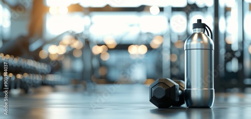 Close-up of a stainless steel water bottle and dumbbell on a gym floor with blurred background, illustrating a fitness and hydration concept. photo