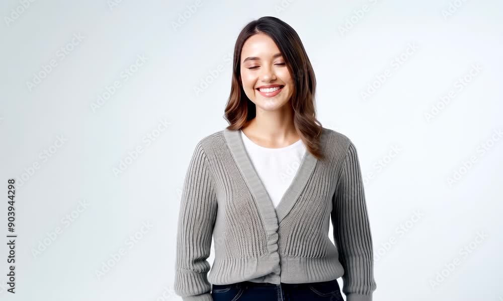 Group portrait video of a grinning woman in her 30s that is wearing a chic cardigan against a white background Group portrait video of a grinning woman in her 30s that is wearing a chic cardigan against a white background