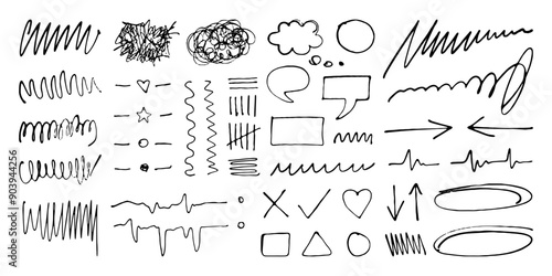 Ink pen freehand doodles and scribbles, frames and symbols, dividers and speech bubbles. Lines and arrows, graphic design elements and free shapes. Vector illustration.