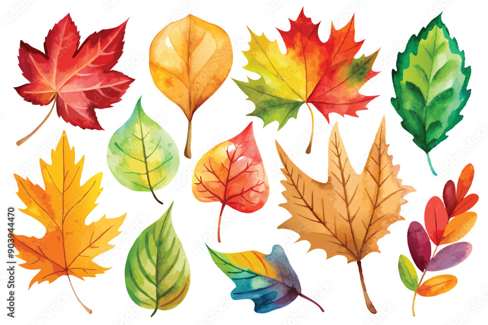 Autumn leaves in vibrant hues of red, orange, yellow, and brown dance across the canvas in a breathtaking array of watercolor artistry. Autumn leaves in vibrant hues of red, orange, yellow, and brown dance across the canvas in a breathtaking array of watercolor artistry.