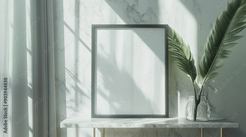 The mockup shows a framed poster on a marble wall surrounded by decorative vases and indoor plants. The mockup shows a framed poster on a marble wall surrounded by decorative vases and indoor plants.