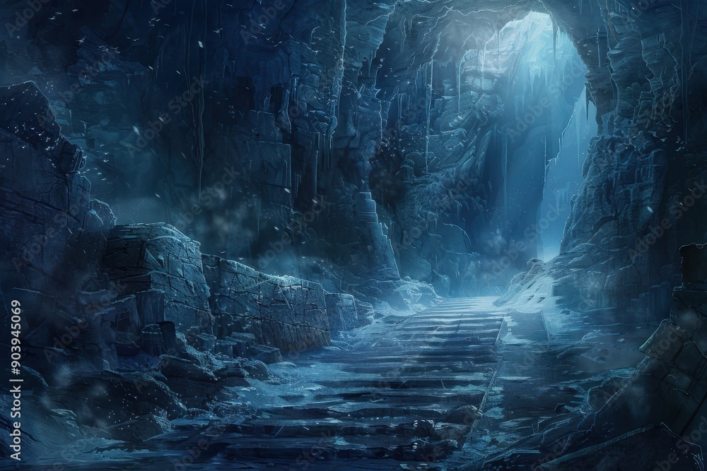 Ancient ice cavern with stone path and glowing blue crystal entrance Ancient ice cavern with stone path and glowing blue crystal entrance