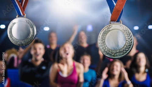 medalhas Prata flutuando no ar, no fundo uma plateia empolgada