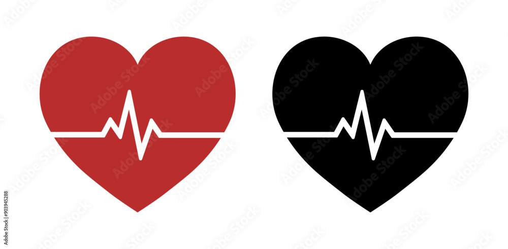 Obraz premium Heartbeat icon set with pulse line red and black color. Heart shape with pulse line. heartbeat pulse flat icon for medical apps and websites. Vector illustration.