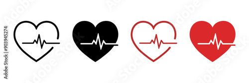 Heartbeat icon set with pulse line red and black color. Heartbeat pulse flat icon for medical apps and websites. Set of heartbeat icon isolated. Heart shape with pulse line. Vector illustration.