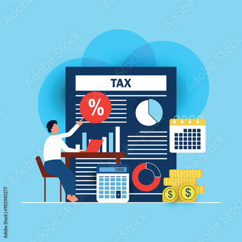 online tax calculation and payment statement, taxpayer counting tax and profit, accounting and financial analysis