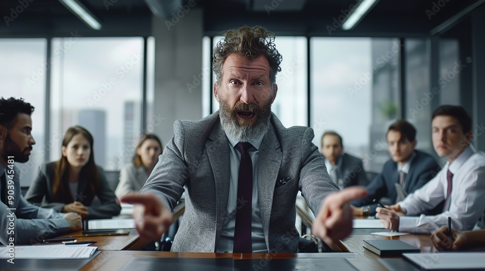 Fototapeta premium Cinematic Still of Handsome Muscular Man in Dark Grey Suit Pointing During Angry Speech in Office Meeting Room