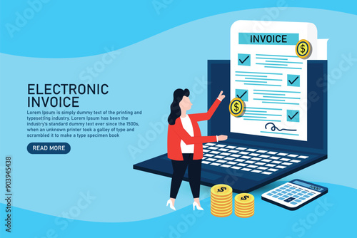 Sending and Receiving Payment using Electronic Invoice. Person preparing Invoice on laptop. Financial accounting Report