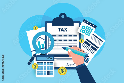 Tax payment concept. State Government taxation, calculation of tax return. Man fills the tax form, documents, calendar, calculator, laptop. Pay the bills, invoices