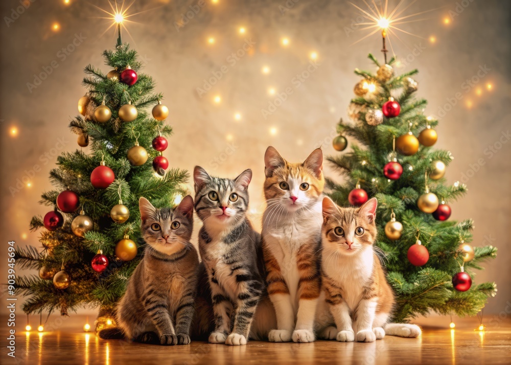 Obraz premium Adorable felines sit together beside a beautifully decorated festive tree, sparkling with ornaments and lights, creating a warm and cozy holiday atmosphere.