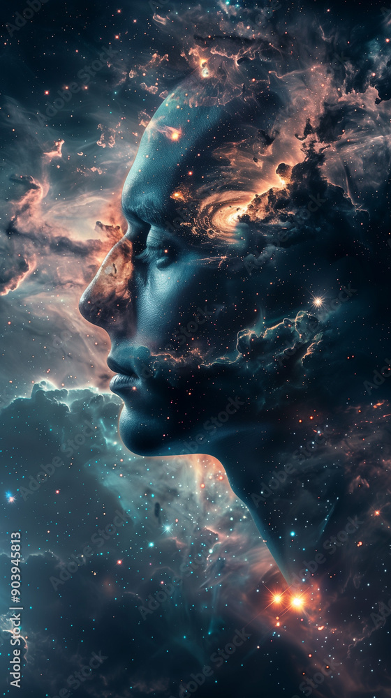 Close-up of a Human Figure with Visible Universe: Detailed Nebulae, Constellations, and Galaxies Blending Seamlessly into Dark Outer Space Background Close-up of a Human Figure with Visible Universe: Detailed Nebulae, Constellations, and Galaxies Blending Seamlessly into Dark Outer Space Background