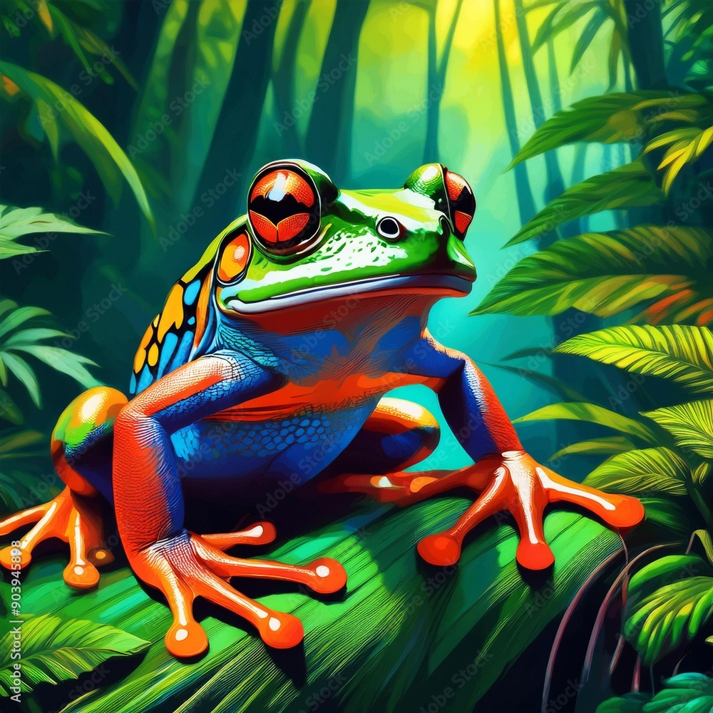 A vibrant tropical frog with green, red and blue hues, poised gracefully on a lush leaf. A vibrant tropical frog with green, red and blue hues, poised gracefully on a lush leaf.