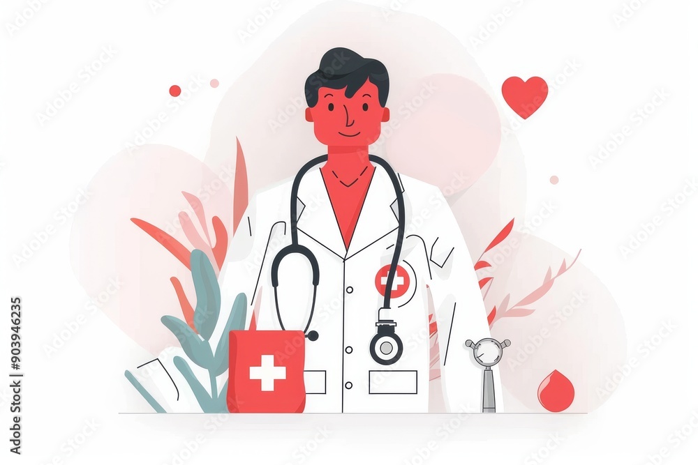 Illustration of a doctor with a red cross and heart symbolizing healthcare services medical expertise and compassionate patient care in a modern and welcoming healthcare setting. Illustration of a doctor with a red cross and heart symbolizing healthcare services medical expertise and compassionate patient care in a modern and welcoming healthcare setting.