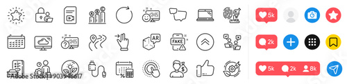Annual tax, Fingerprint research and Charging cable line icons pack. Social media icons. Green energy, Augmented reality, Online voting web icon. Lock, Inspect, Fake news pictogram. Vector