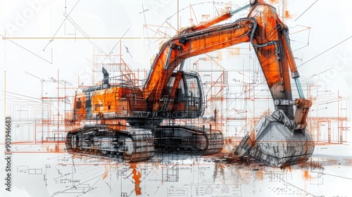 A construction machines, hand-drawn with blueprints and orange lines on white background, with design sketches of industrial buildings in the background 