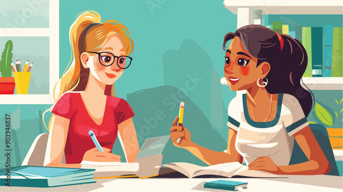 Young Female Characters Learning German Language Education