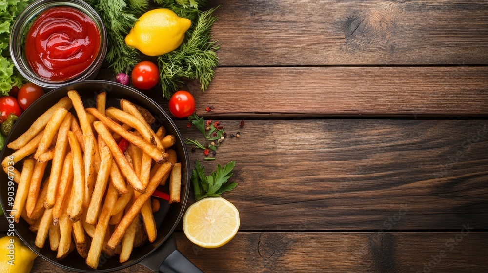 Crispy French fries in a bowl with condiments. Comfort food snack concept Crispy French fries in a bowl with condiments. Comfort food snack concept