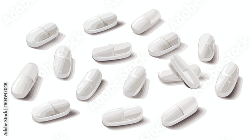 Realistic White Pills and Long Grey Capsules on White Background