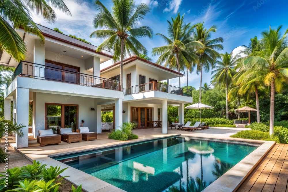 Luxurious white villa with sleek architecture and spacious verandas surrounded by swaying palm trees in a serene tropical resort setting awaiting relaxation. Luxurious white villa with sleek architecture and spacious verandas surrounded by swaying palm trees in a serene tropical resort setting awaiting relaxation.