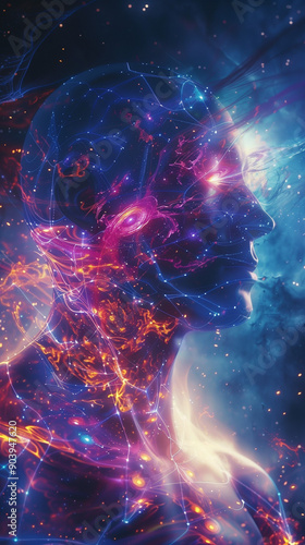 Wallpaper Mural Close-up of Human Figure with Streams of Cosmic Energy, Creating a Glowing Ethereal Effect Against a Deep Space Background Torontodigital.ca